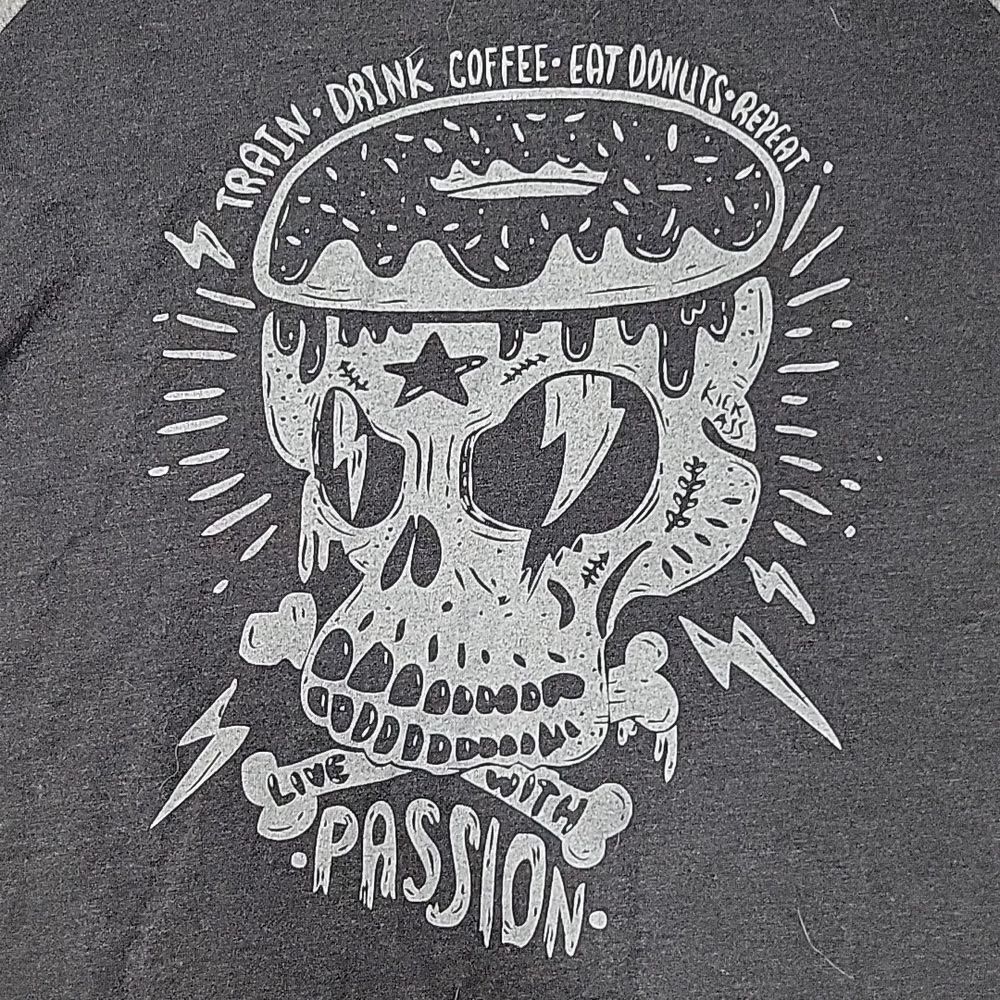 NEXT LEVEL TRAIN, COFFEE, DONUT, REPEAT 3/4 ARM TEE SIZE SMALL